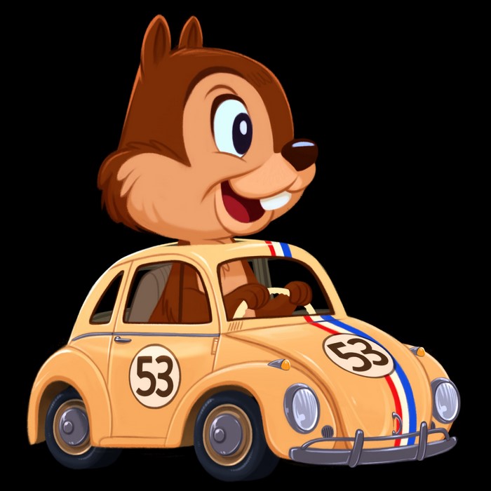 Chip 'n Dale driving a yellow Volkswagen Beetle
