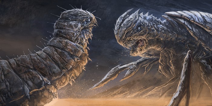 Two monstrous creatures facing each other in a desert