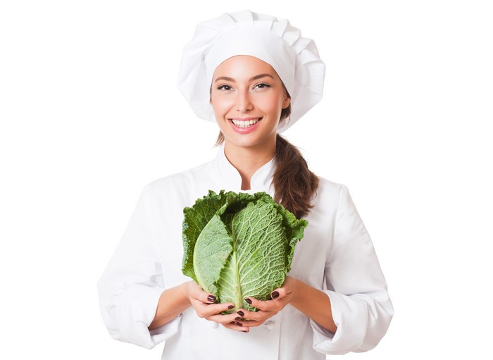4K Chef Holding Cabbage on White Background