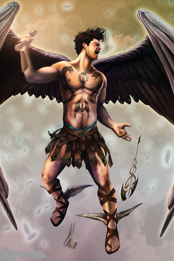 Angel with black wings and tattoos