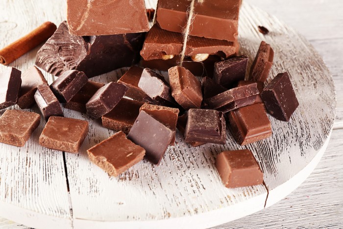 Chocolate bar pieces on a wooden board