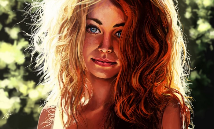 Painting of a girl with red and blonde hair