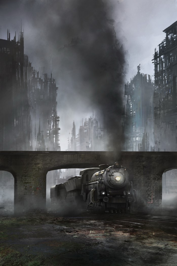 Steam train in a post-apocalyptic city