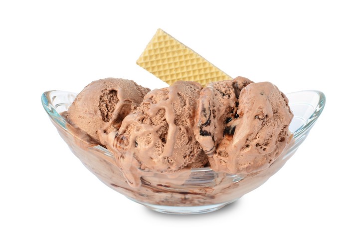 Chocolate ice cream in a glass bowl with wafer