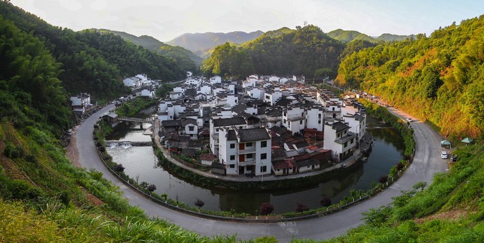 Jujing village, Jiangxi province, China, with houses and roads