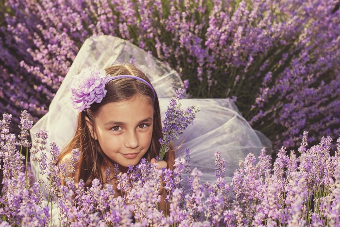 Girl in Lavender Field with Flower Headband