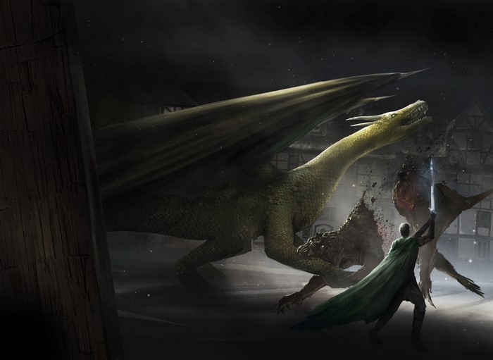 Dragon Battle with Warrior and Sword