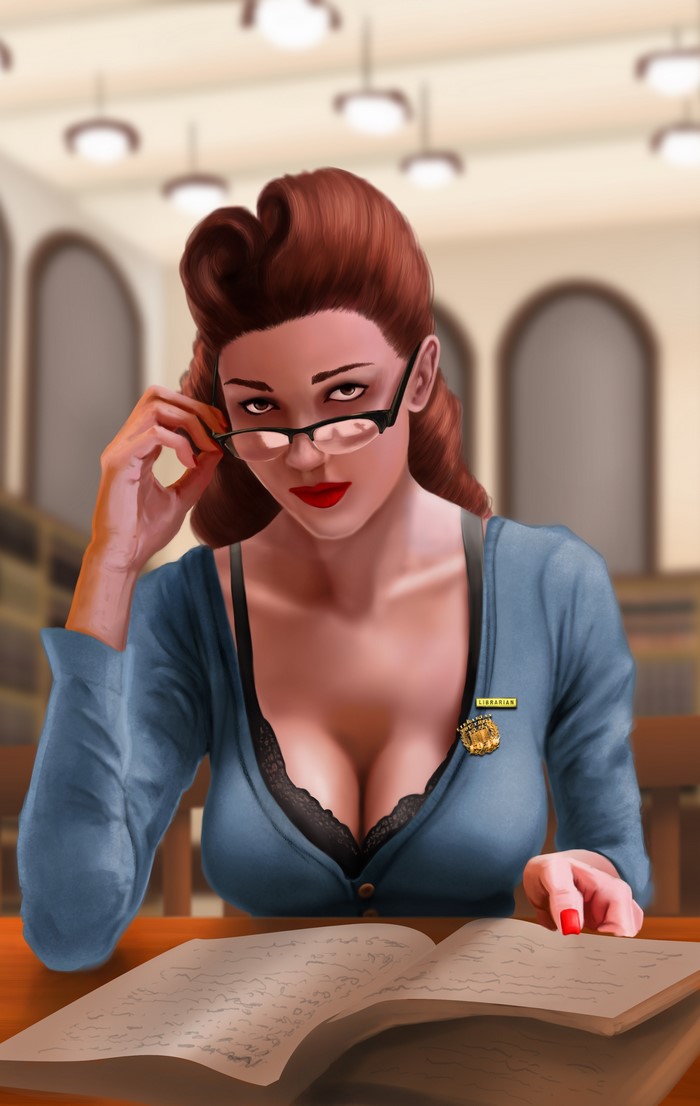 Librarian wearing glasses in a library