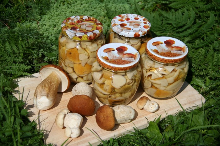 Jars of preserved mushrooms and fresh mushrooms on a wooden board