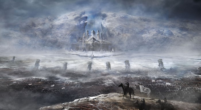 Warriors and fortress in a winter landscape