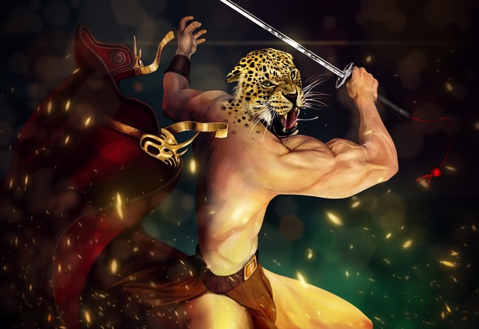 Warrior with jaguar head and sword