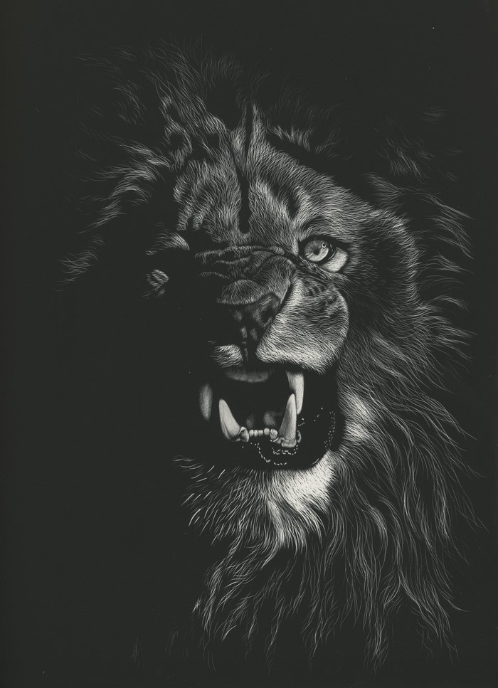 Close-up of a roaring lion's face