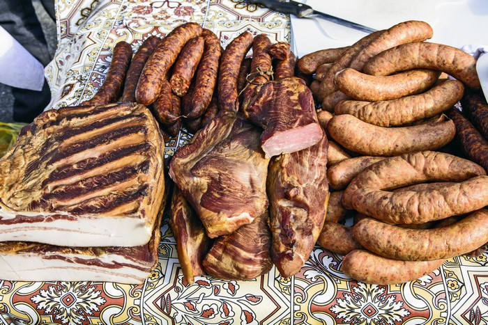Meat products, sausage, and ham display