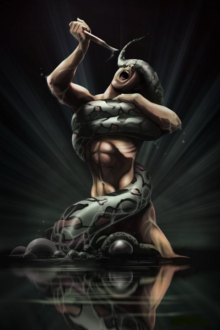 Man coiled by snake holding a knife