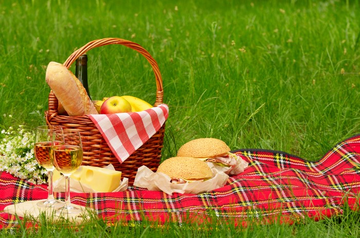 Picnic with sandwiches, cheese, wine, and fruit in a basket on grass