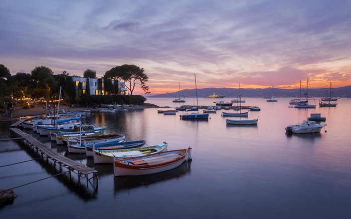 Boats docked in a bay at sunset with houses and trees
