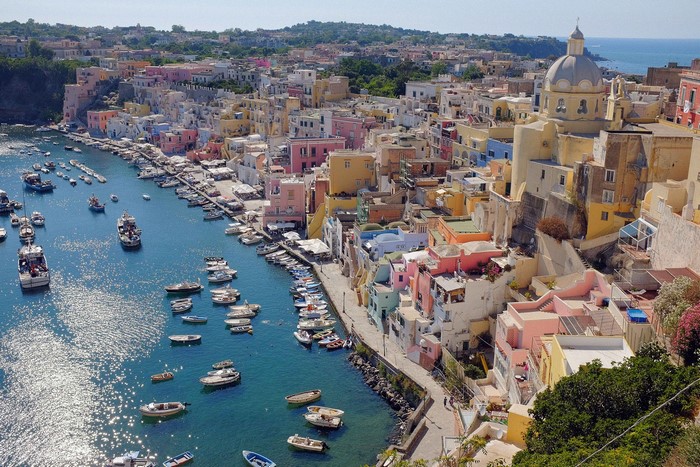 Marina Corricella, Procida, Italy with colorful houses and boats