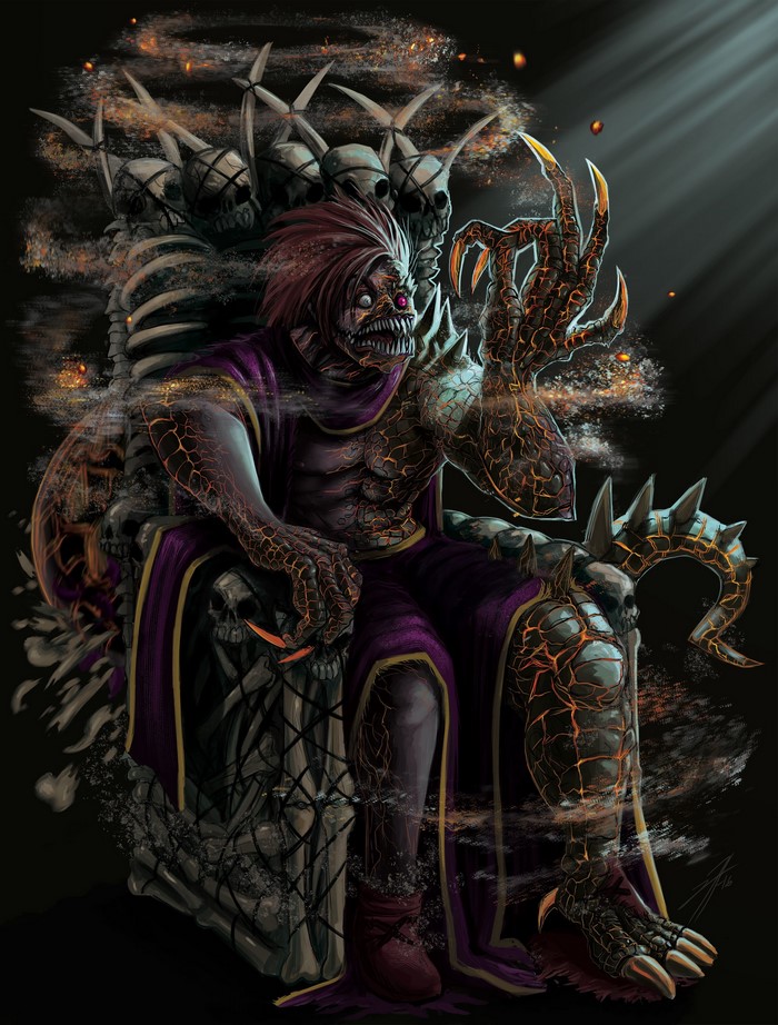 Monster sitting on a throne of bones and skulls