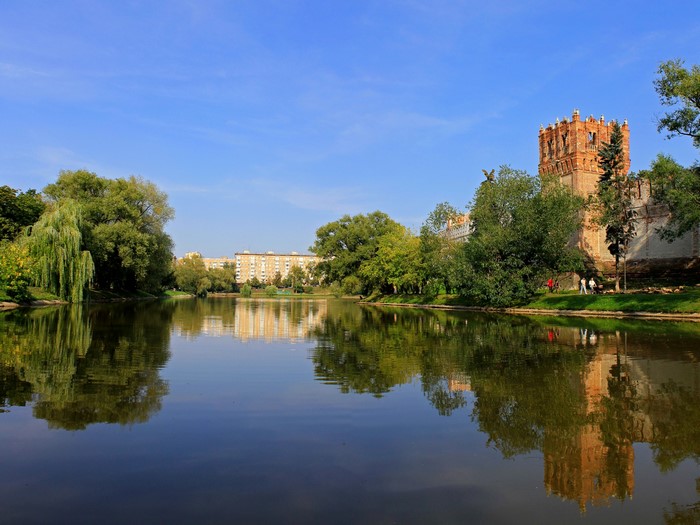 Novodevichy Convent pond and buildings in Moscow, Russia