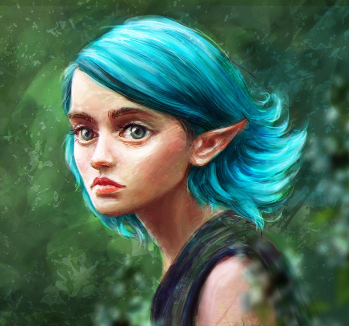 Elf girl with blue hair glancing sideways