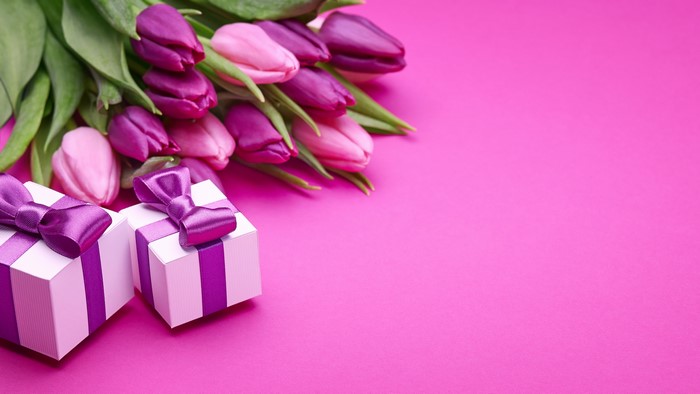 Purple and Pink Tulips with Gifts