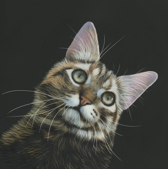 Painting of a tabby cat with green eyes on a black background