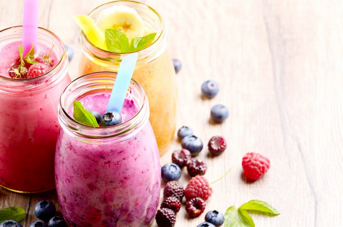 Berry Smoothies in Jars with Fresh Berries