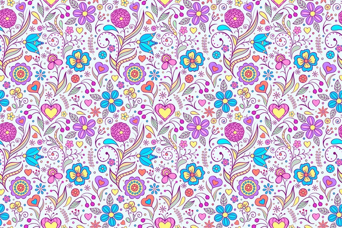 Colorful floral pattern with hearts and swirls