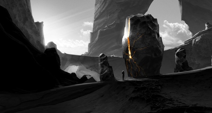 Fantastic world with glowing cracked stone monoliths