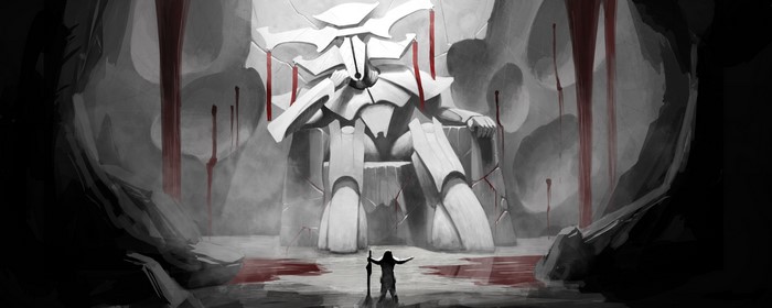 Robot warrior on a throne with blood
