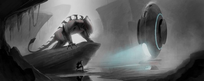 Monster and spaceship in a cave