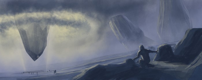 Fantastic world with floating rocks and figures