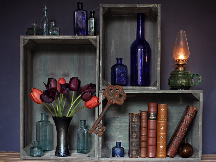 Still-life with Tulips, Books, Bottles, and Kerosene Lamp