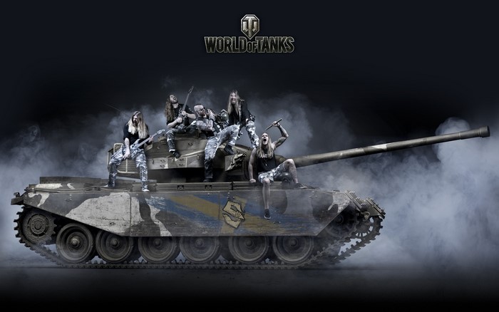 Sabaton members on a World of Tanks Strv 81 tank