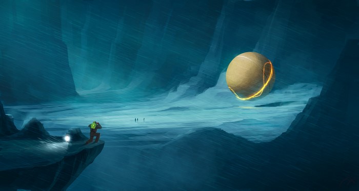 Astronauts observe a glowing orb in a snowy alien landscape