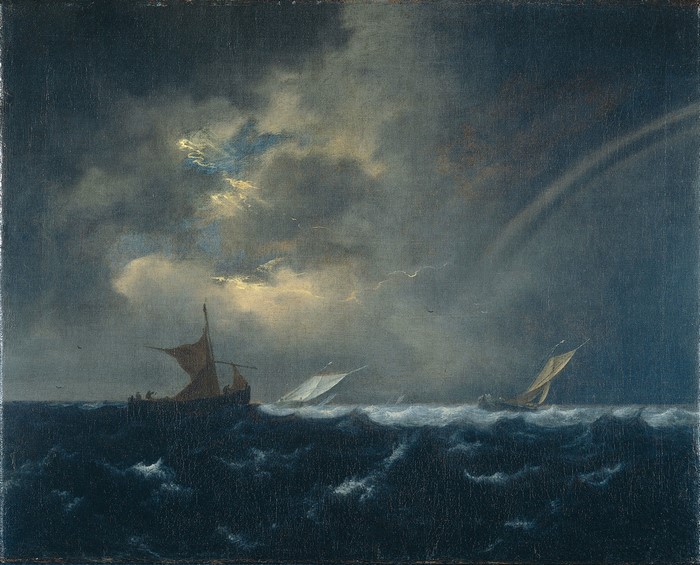 Ships in a Stormy Sea with Rainbow