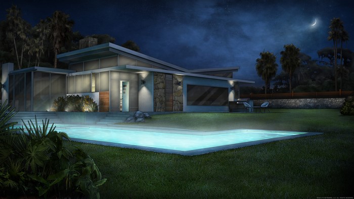 Modern house with pool at night