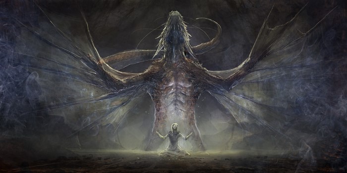 A person kneels before a massive dragon