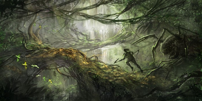 Warrior fighting giant spider in jungle with waterfall
