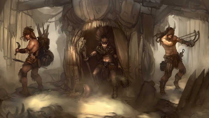Three tribal warriors with weapons near a cave entrance