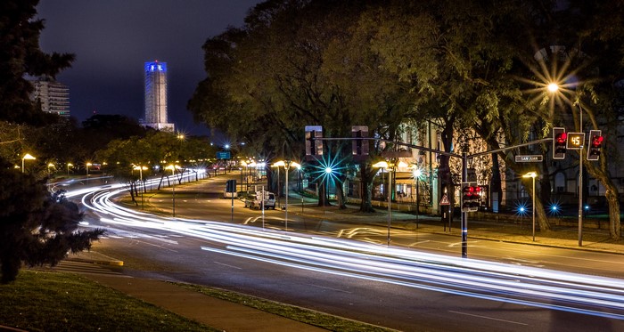 Night street with light trails in Rosario, Argentina