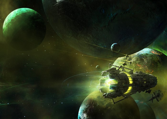 Spaceship and planets in outer space