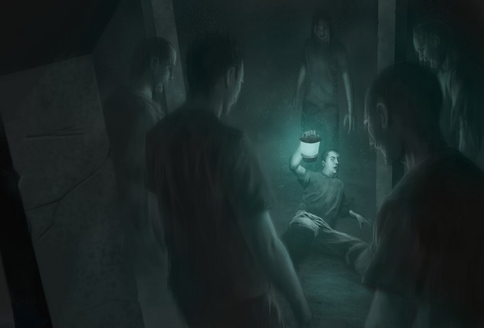Zombies and people with a lantern in a dark place