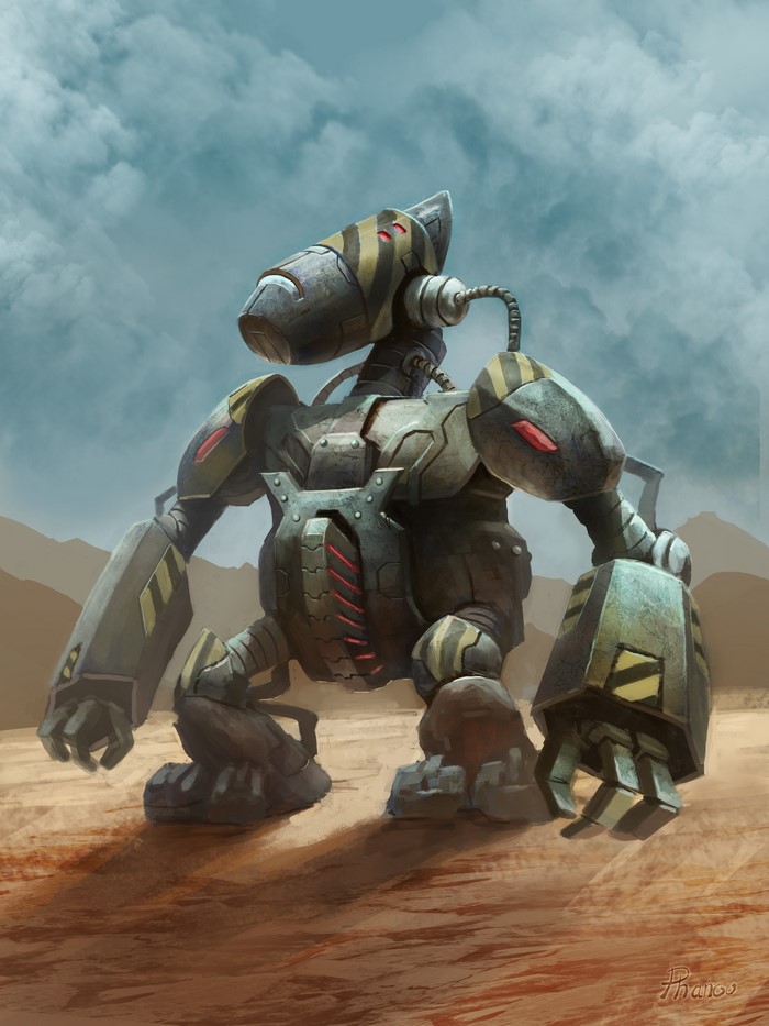 A weathered robot stands in a desert landscape