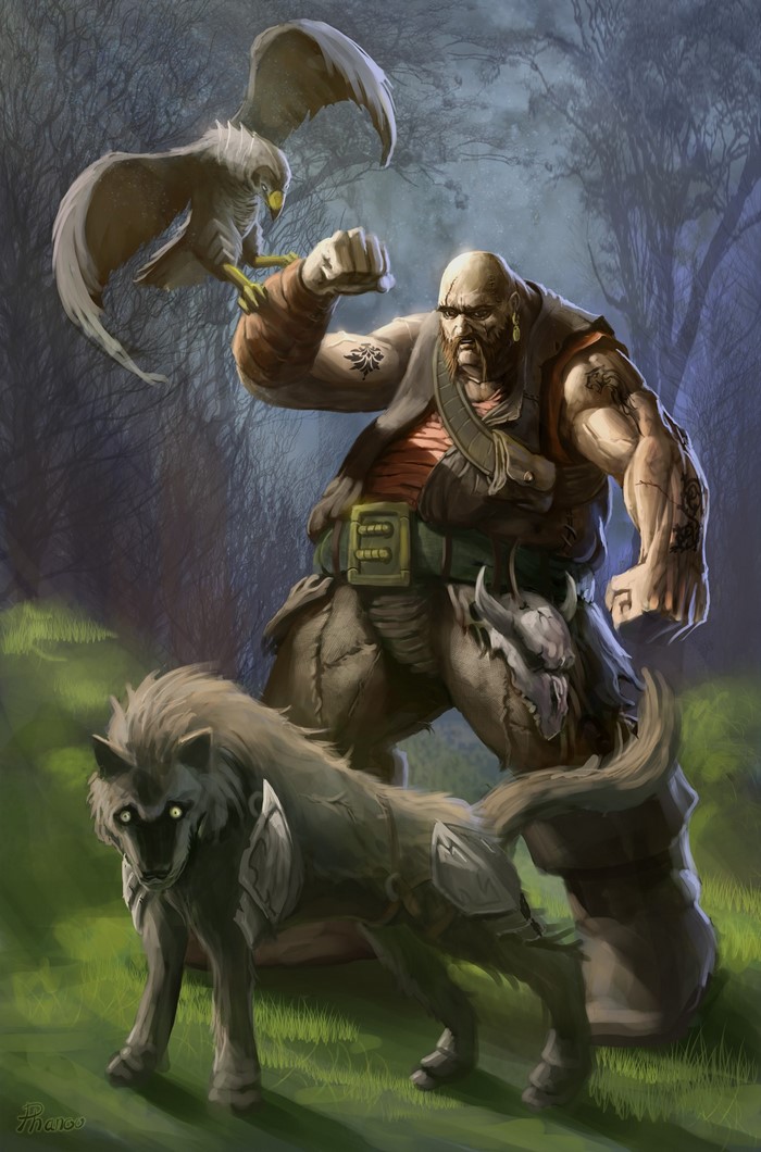Bald warrior with hawk and wolf in forest