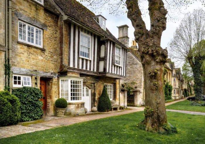 Tudor houses on a street in Burford, England with a large tree