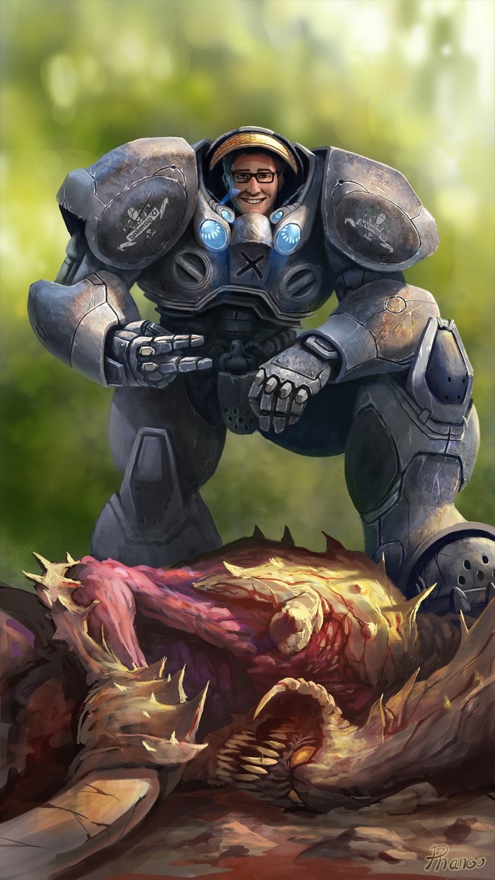 Man in StarCraft 2 Marine Armor over a Zergling
