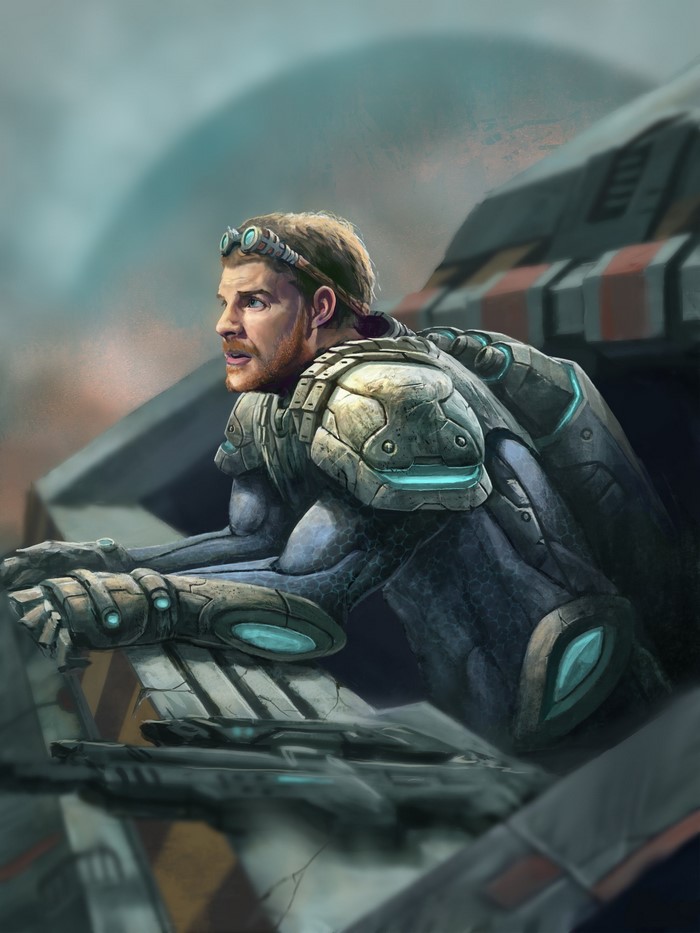 Man in futuristic armor with goggles