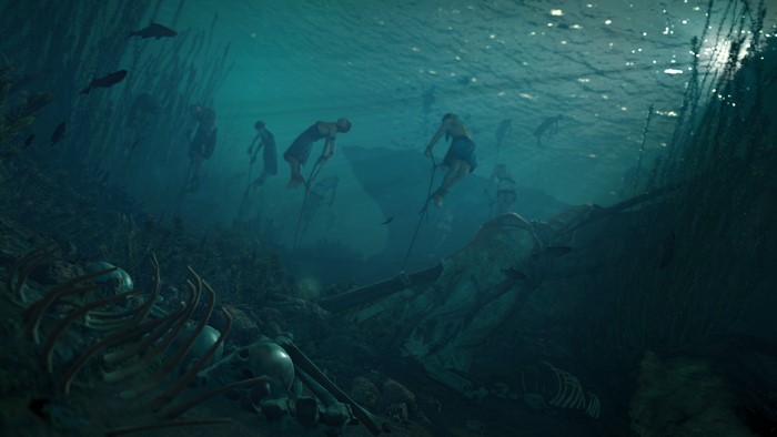 Underwater scene with skeletons and divers from Assassin's Creed Origins