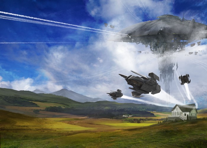 Alien UFO invasion over a rural landscape with flying saucers